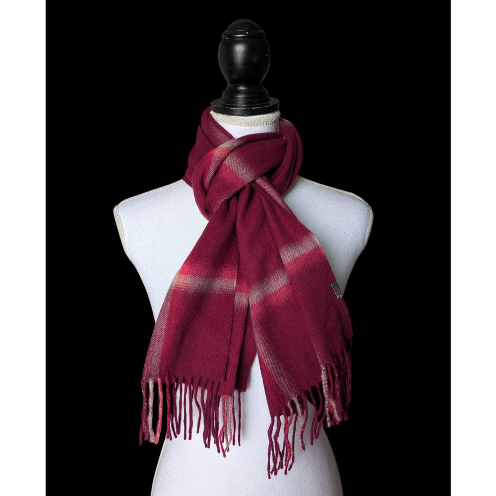Fraas Burgundy Red Plaid Check Cashmink Scarf Fringe Rectangle